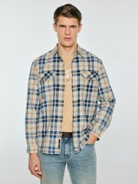 Big Star Koszula męska bawełniana w kratę beżowo-granatowa Kolisew 800 XXL