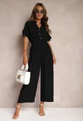 Kombinezony - Czarny Taliowany Kombinezon z Wiskozy Zapinany na Guziki Frisea - miniaturka - grafika 1
