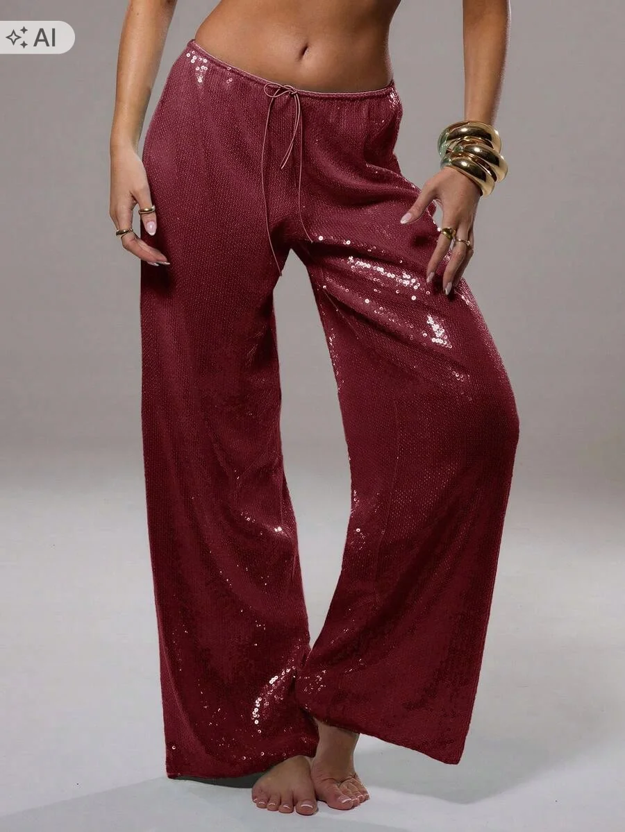 SHEIN BORDOWE SPODNIE ELEGANCKIE PALAZZO Z CEKINAMI WYSOKI STAN M 1ŁA