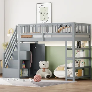 Łóżko piętrowe 90 x 200 cm z szafą i półkami - Sosna + sklejka + MDF - Szare (bez materaca) - Łóżka dla dzieci i młodzieży Łóżko piętrowe 90 x 200 cm z szafą i półkami - Sosna + sklejka + MDF - Szare (bez materaca) - Łóżka dla dzieci i młodzieży - miniaturka - grafika 1
