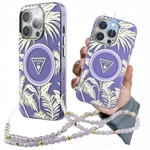 Guess Etui Palm Trees Triangle Pearl Strap MagSafe do iPhone 16 Pro, fioletowe - Etui i futerały do telefonów - miniaturka - grafika 1