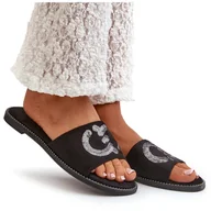 Klapki i japonki damskie - Damskie Płaskie Klapki Z Cekinami S.Barski KV27-052 Czarne - miniaturka - grafika 1