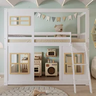 Łóżka dla dzieci i młodzieży - Łóżko piętrowe 90x200 cm - z oknami i płotkami - z drabinką 3-stopniową - Drewno lite + MDF - Białe (bez materaca) - miniaturka - grafika 1