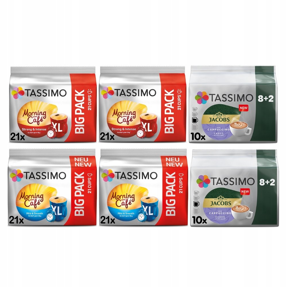 Kapsułki Tassimo Morning Cafe Strong, Mild, Cappuccino Choco 6 opakowań