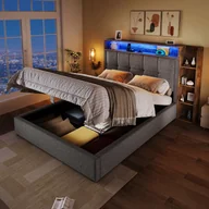 Łóżka - Łóżko tapicerowane 90x200 cm z wbudowanym oświetleniem LED, wielofunkcyjną przestrzenią do przechowywania, kolor szary, tkanina lniana. - miniaturka - grafika 1