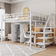 Łóżka dla dzieci i młodzieży - Łóżko piętrowe 140 x 200 cm, szafa, półki, drabinka, biurko, bez materaca, białe - miniaturka - grafika 1