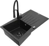 Zlewozmywaki z baterią - Mexen Cesar zlewozmywak granitowy 1-komorowy z ociekaczem i baterią kuchenną Aster, czarny/złoty metalik - 6514-75-73450-70-B - miniaturka - grafika 1