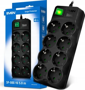 Listwa przeciwprzepięciowa SVEN SF-08E-16 3,0 m 8 gniazd czarna SV-021610 - Listwy zasilające - miniaturka - grafika 1