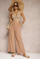 Spodnie damskie - Jasnobrązowe Bawełniane Spodnie Kuloty High Waist z Gumką w Pasie Vimarielle - miniaturka - grafika 1