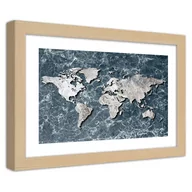 Plakaty - Plakat w ramie naturalnej, Mapa świata na marmurze (Rozmiar 45x30) - miniaturka - grafika 1