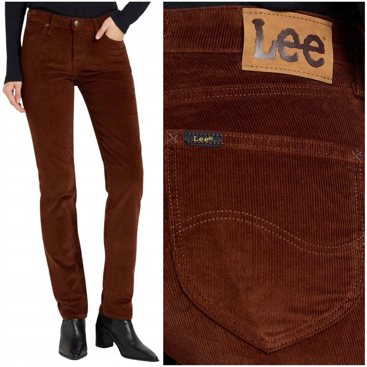 Lee Marion Straight Luxe Brown damskie proste spodnie sztruksy W28 L33