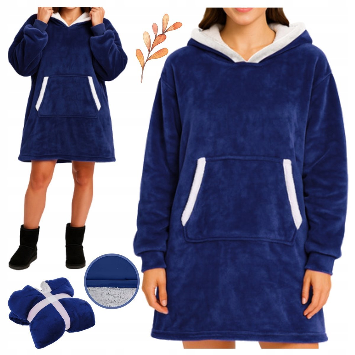 Kocobluza Oversize z Kapturem XXL Gruby Koc Bluza Długa Futrzana Granatowa