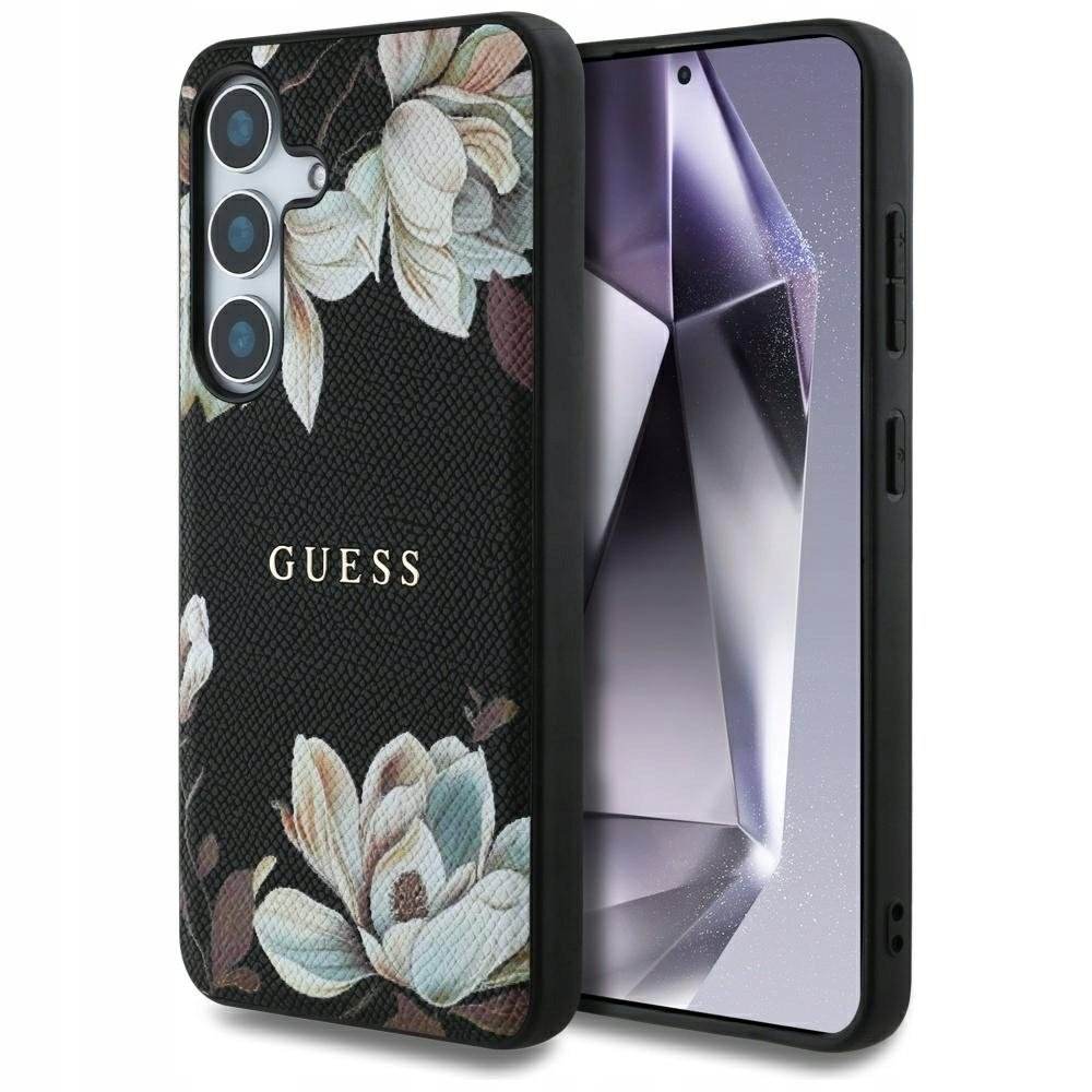 Guess Etui Grained Flower Pattern MagSafe do Galaxy S25, czarne