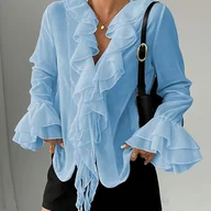 Koszule damskie - TEMU Elegancka, damska bluzka z wycięciem w kształcie litery V, z falbanikiem, długim rękawem i zapinaną z przodu - swobodnie pasująca, jednokolorowa - miniaturka - grafika 1