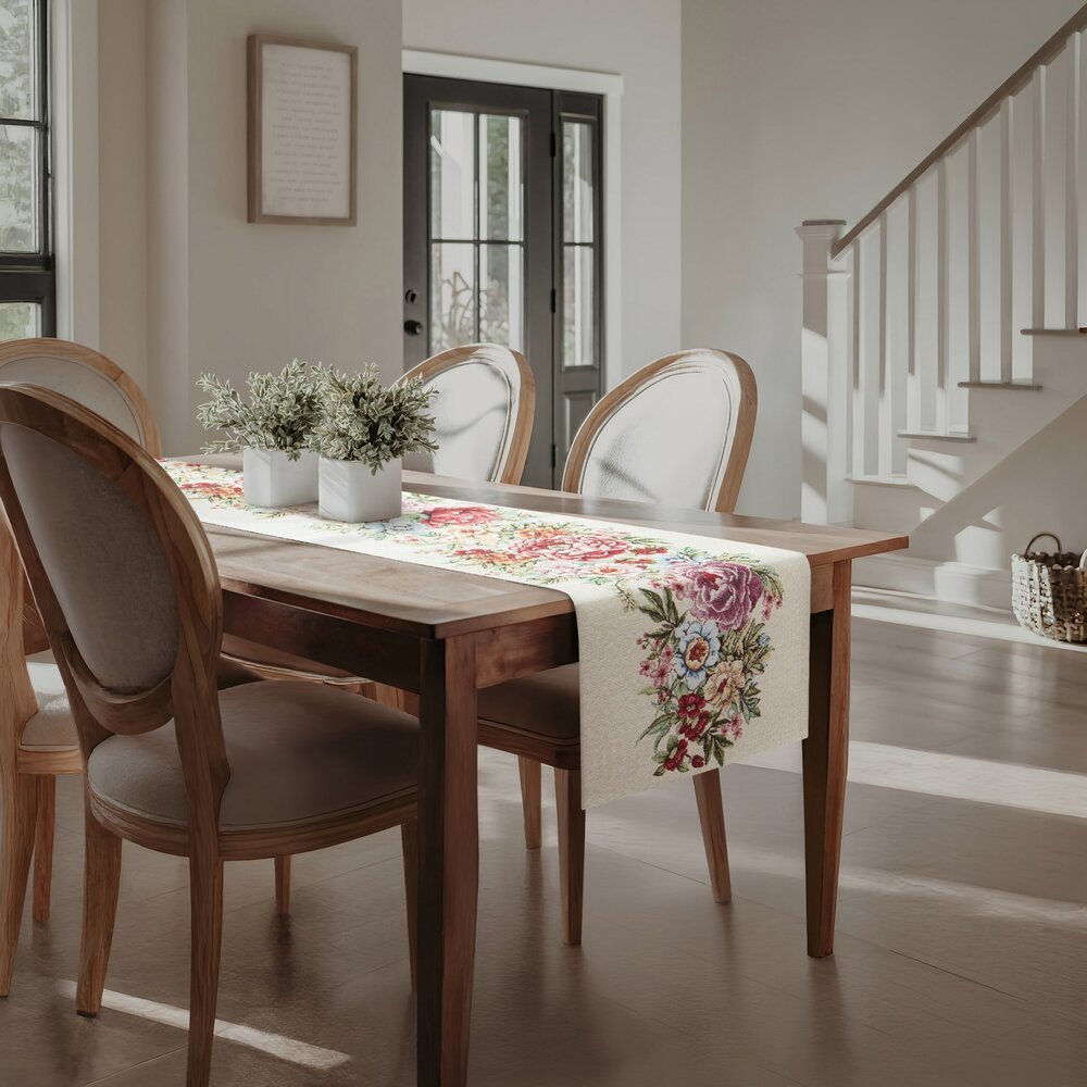 Bieżnik obrus dekoracyjny gobelin GRIA 45x140 Eurofirany naturalny czerwony letnie kwiaty