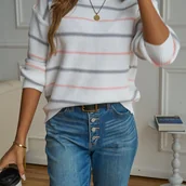 Inne - Sweter z okrągłym dekoltem w paski, Elegancki sweter z długim rękawem i opadającymi ramionami na jesień i zimę, Odzież damska - miniaturka - grafika 1