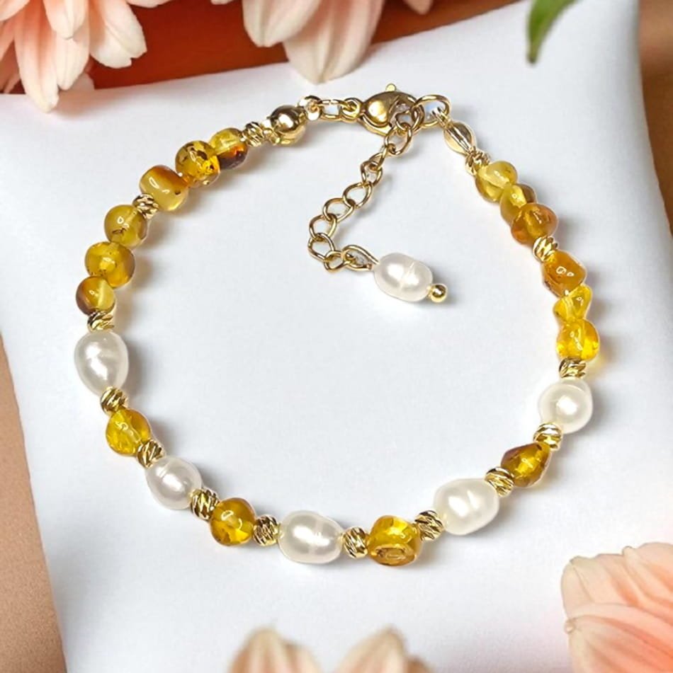 Magia Żywiołów Amulet Bransoletka na dobrobyt energię i ochronę Bursztyn i Perła