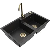 Zlewozmywaki z baterią - Mexen Tomas zlewozmywak granitowy 2-komorowy z baterią kuchenną Telma, czarny/srebrny metalik - miniaturka - grafika 1