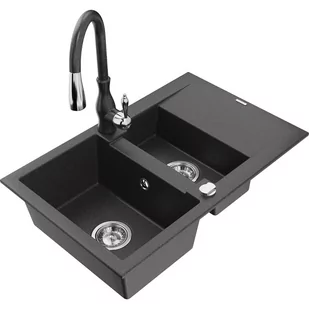 Mexen Gaspar zlewozmywak granitowy 1,5-komorowy z ociekaczem i baterią kuchenną Savita, czarny nakrapiany - 6507-76-672601-76 - Zlewozmywaki z baterią - miniaturka - grafika 1