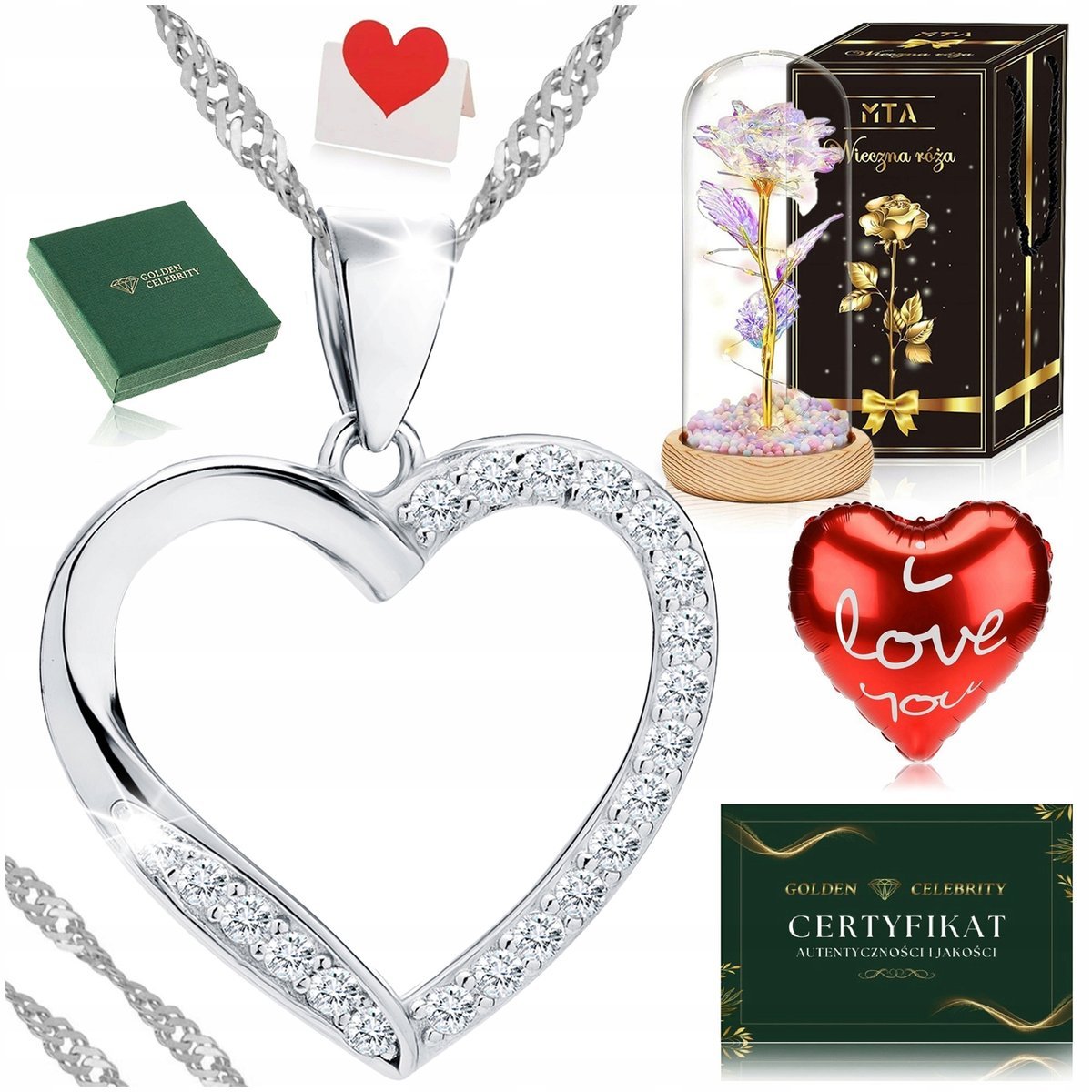 Srebrny Naszyjnik Serce Srebro 925+Róża Wieczna Led Na Urodziny, Dzień Mamy