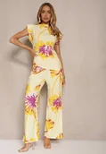 Komplety damskie - Żółty Komplet Marszczona Bluzka o Asymetrycznym Kroju i Szerokie Spodnie w Kwiaty Linidia - miniaturka - grafika 1