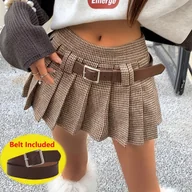 Spódnice - TEMU ZJ0926038 Jesienno-Zimowa Damska Spódnica w Stylu Vintage z Wzorem Lisiej Kości, z Wysokim Stanem, w Kształcie Litery A, Plisowana, w Zestawie z - miniaturka - grafika 1