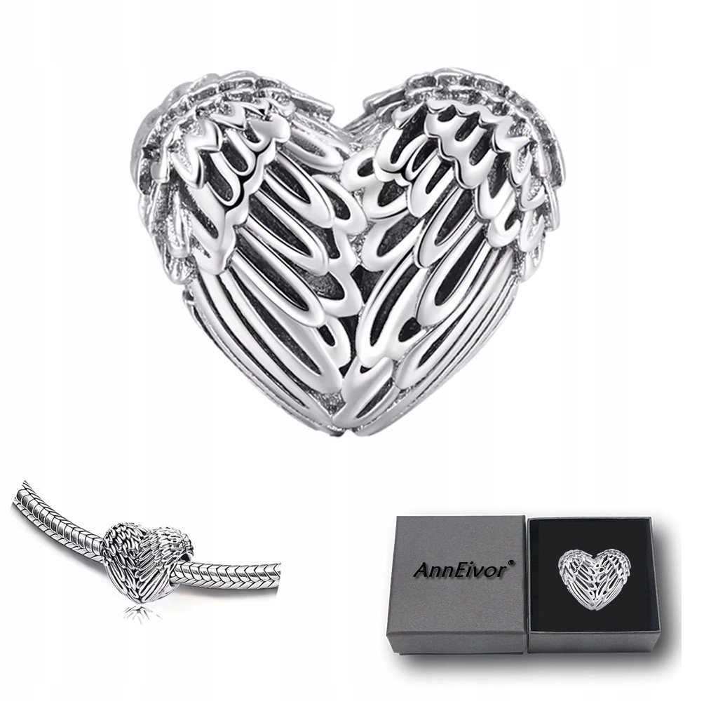 Koralik Modułowy Charms Zawieszka Srebrna S925 Serce Ze Skrzydłami Anioła