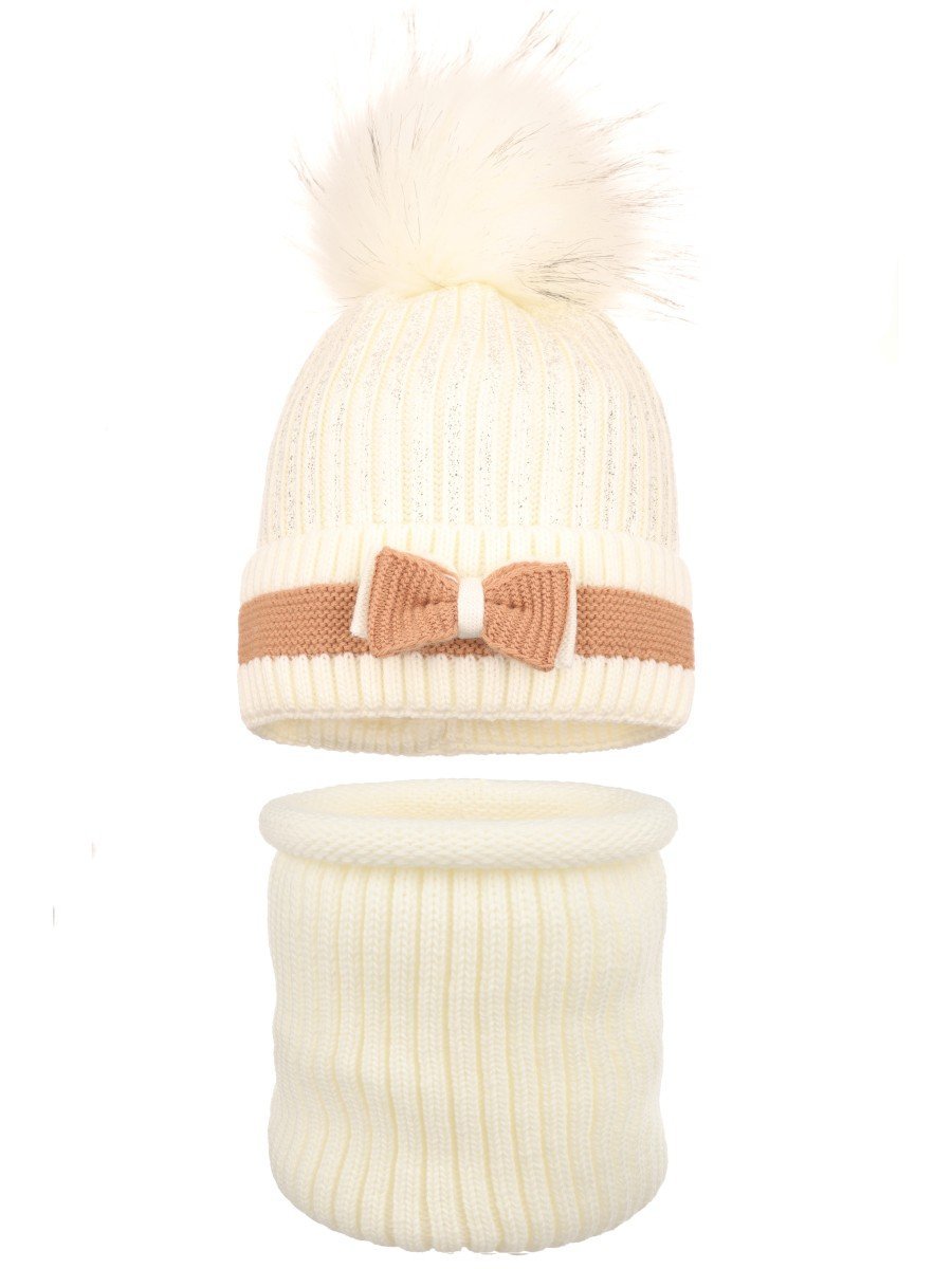 Dziewczęcy komplet zimowy komin i czapka z kokardką ecru Ambra r.46/48