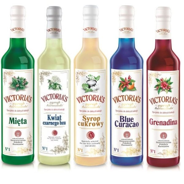 Zestaw 5 syropów Kwiat czarnego bzu, Mięta, Blue Curacao, Grenadina, Cukrowy 490 ml