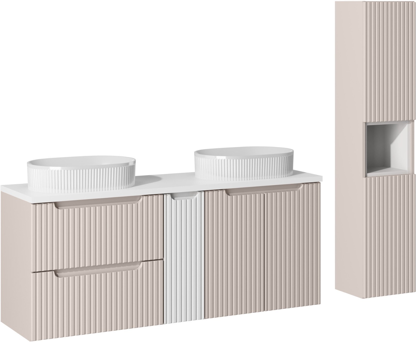 Zestaw meblowy 140cm z blatem, 2 umywalkami nablatowymi Beyond i szafką wysoką