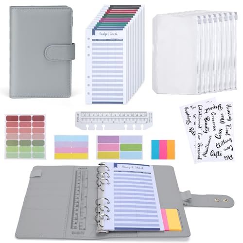 Euqvunn Budget Binder, Budget Planner A6 z kopertami na gotówkę, regulowane zapięcia, portfel do oszczędzania pieniędzy, dla organizatora pieniędzy, segregator A6 książeczka oszczędnościowa -Szary
