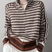 Swetry damskie - TEMU Kardigan damski FAN FLO w eleganckim wzorze z kolorowymi blokami, stójką i zamkiem błyskawicznym – miękka odzież warstwowa na wiosnę/jesień, - miniaturka - grafika 1