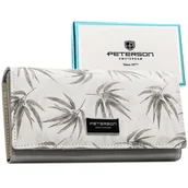 Portfele - Portfel damski Peterson duży z ochroną kart RFID skórzany pojemny ze skóry naturalnej roślinny wzór biały szary - miniaturka - grafika 1