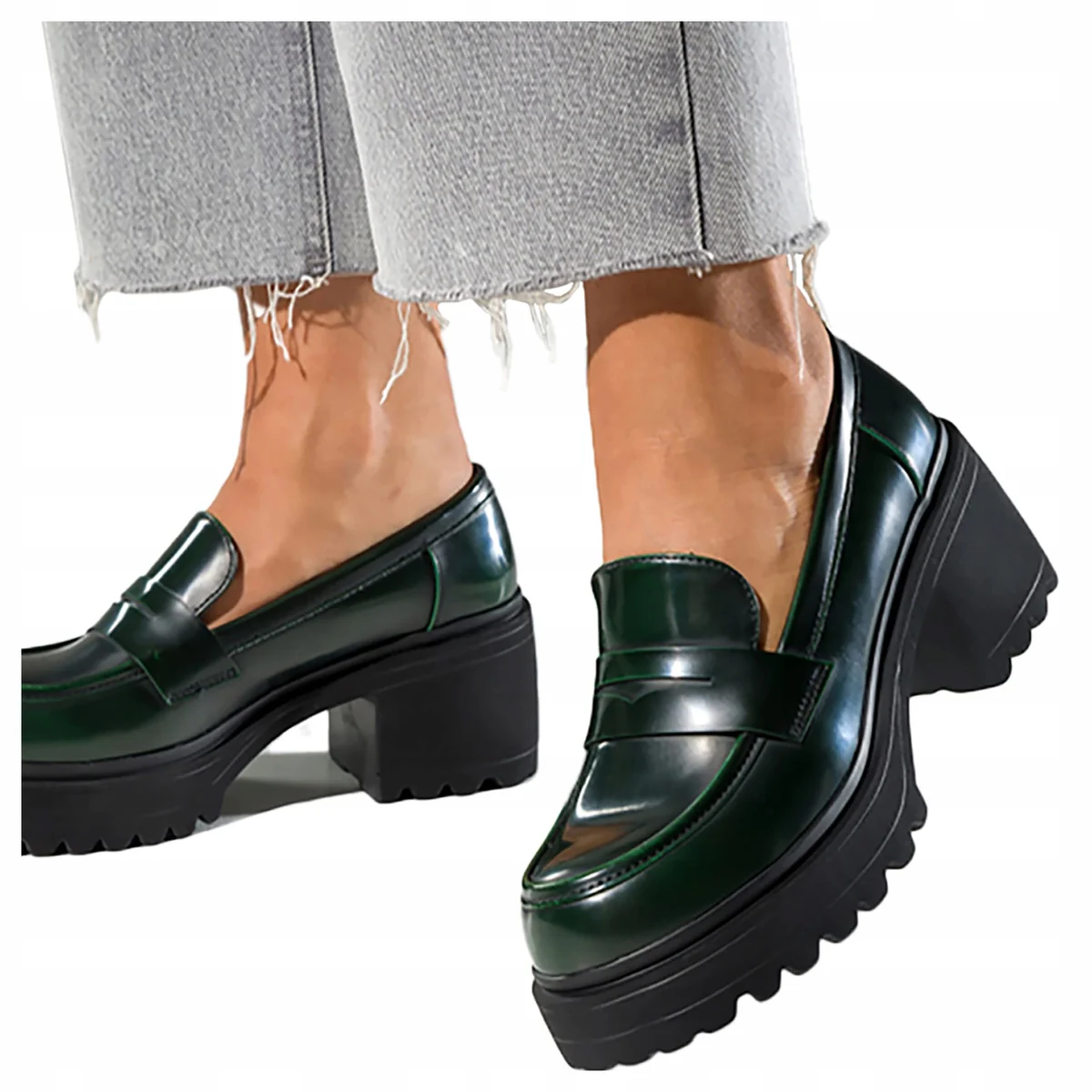 MOKASYNY Damskie Zielone Obcas Klocek Wsuwane Półbuty Na Platformie r 39 buty na słupku, skóra ekologiczna, wkładka 26 cm, tęgość G
