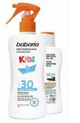Zestawy kosmetyków damskich - Zestaw dla dzieci Babaria Sun Kids Balsam do ochrony przeciwsłonecznej Water Resistant SPF30 Spray 200 ml + Mleczko po opalaniu Aloe Vera 100 ml (8410412520324) - miniaturka - grafika 1
