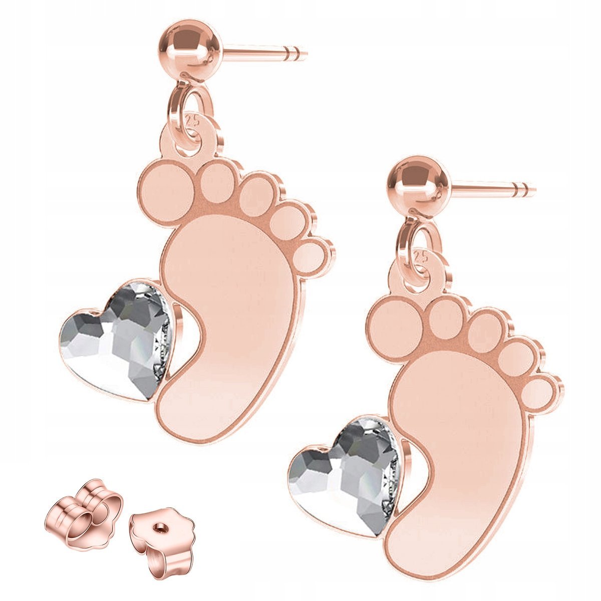 Kolczyki Pozłacane Stopy Stópki Dziecka Stópka z Cyrkonią Serca SREBRO 925