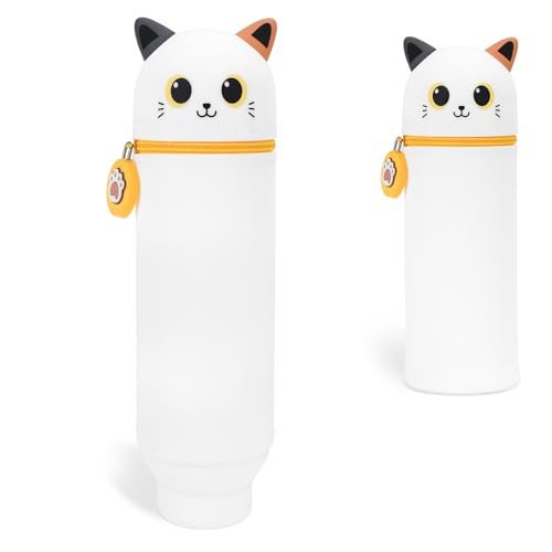 VynyQoo Piórnik Kawaii Silikonowy, Rozszerzalny 2 w 1, Duża Pojemność, Etui na Długopisy z Zamkiem, Dla Dzieci, Stojak na Biurko, Wielofunkcyjny, white cat