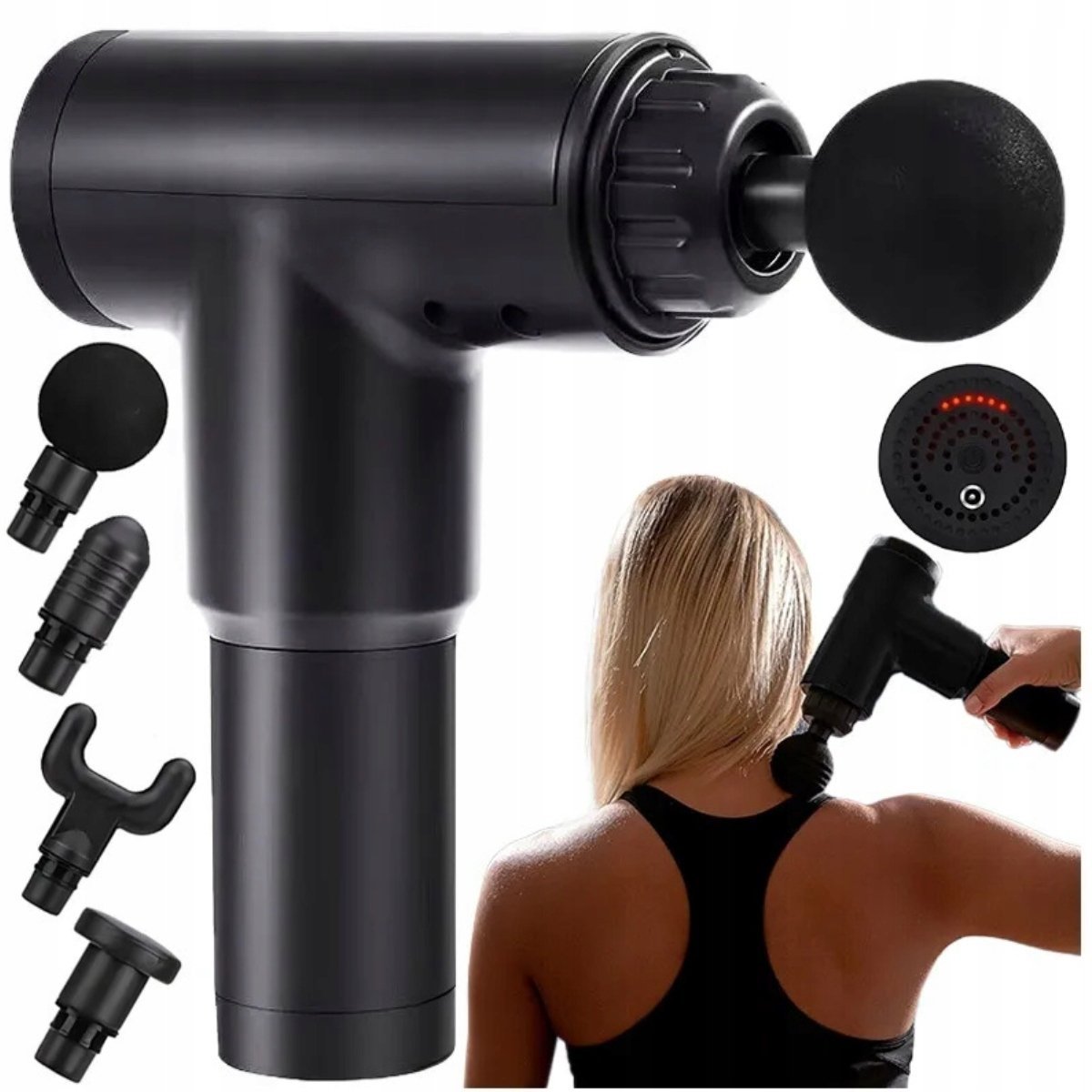 PISTOLET DO MASAŻU MASAŻER DO PLECÓW CIAŁA SZYI STÓP MOCNY 4 KOŃCÓWKI