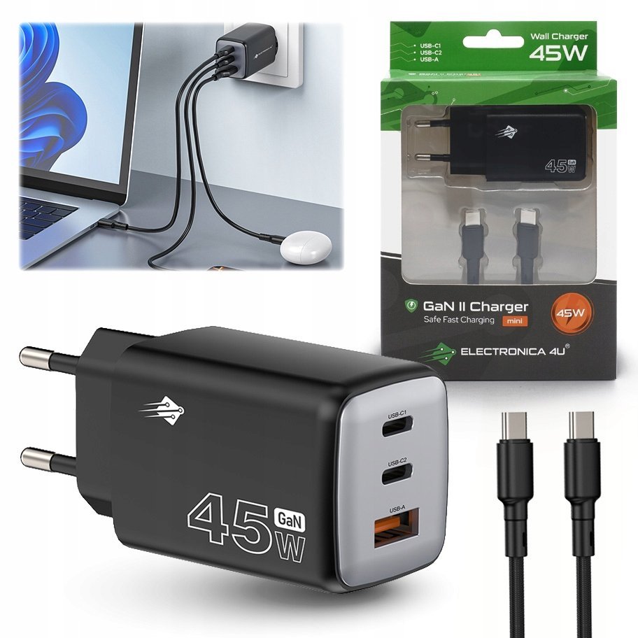 Szybka ładowarka sieciowa 45W GaN II 3A 20V QC3.0 PD3.0 USB C USB A + kabel