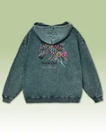 Bluzy damskie - Bluza oversize z kapturem Horse Girl Kolorowy Koń Sprana Ciemnozielony M - miniaturka - grafika 1