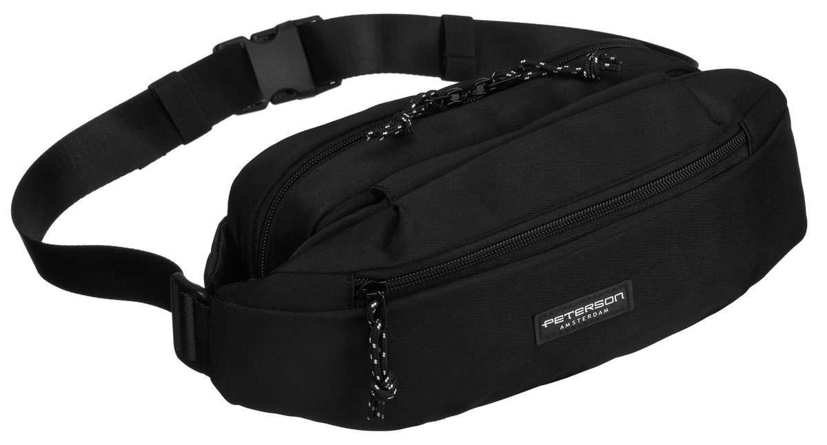 Miejska saszetka nerka męska na biodra lub przez ramię PETERSON czarna pojemna kieszeń na bidon kieszonki na klucze telefon drobiazgi