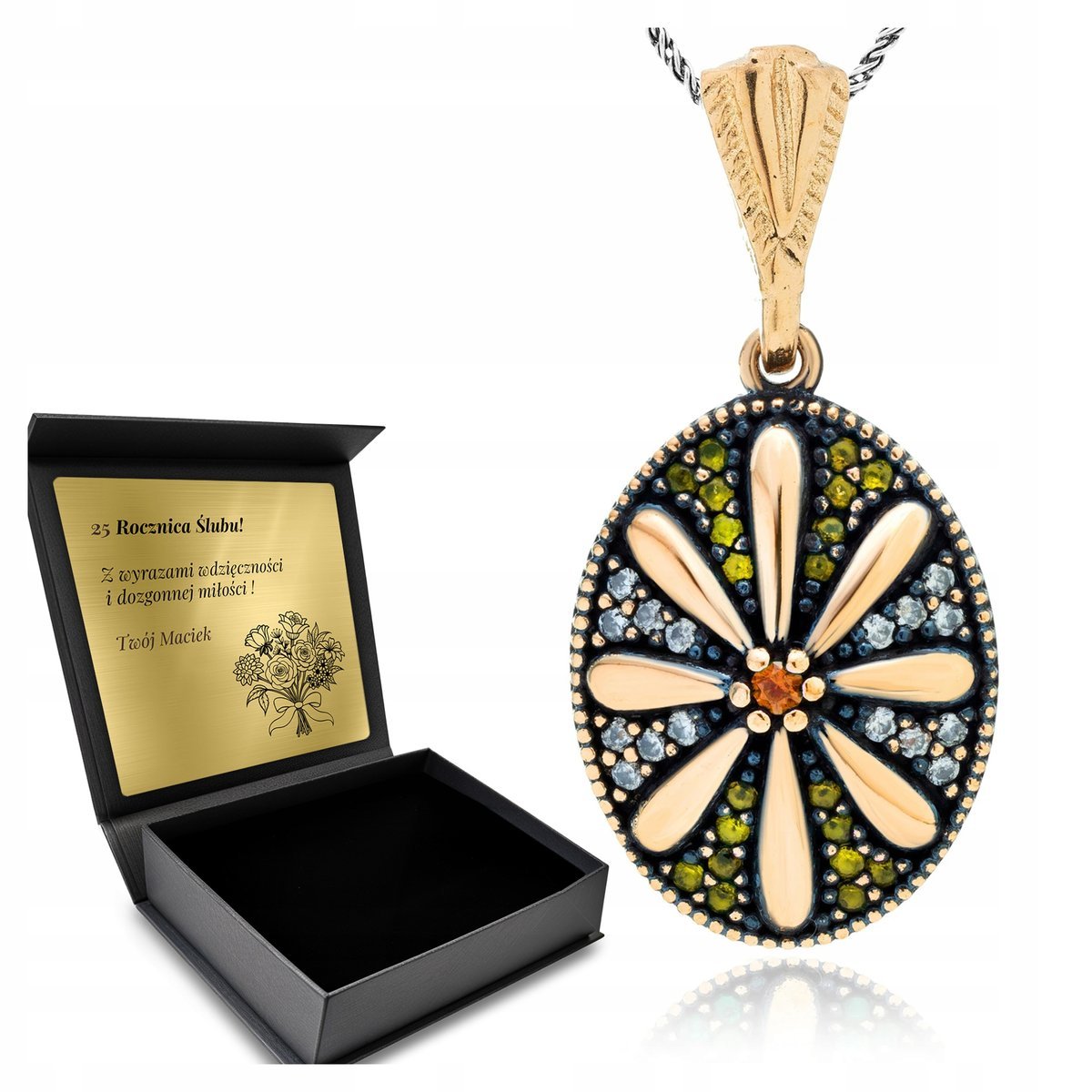 Naszyjnik Srebrny 925 Cyrkonie Kwiat Biżuteria Dla Kobiety + Grawer