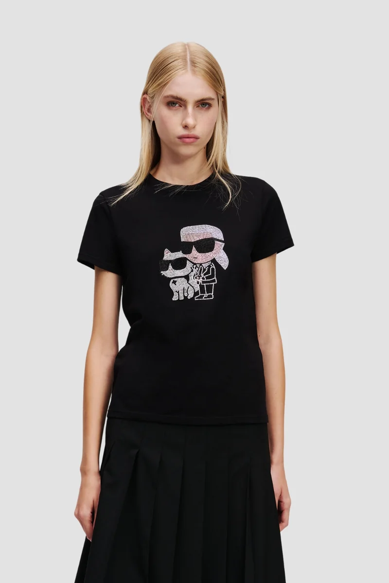 KARL LAGERFELD Сzarny damski t-shirt z cyrkoniami Ikon Duo L