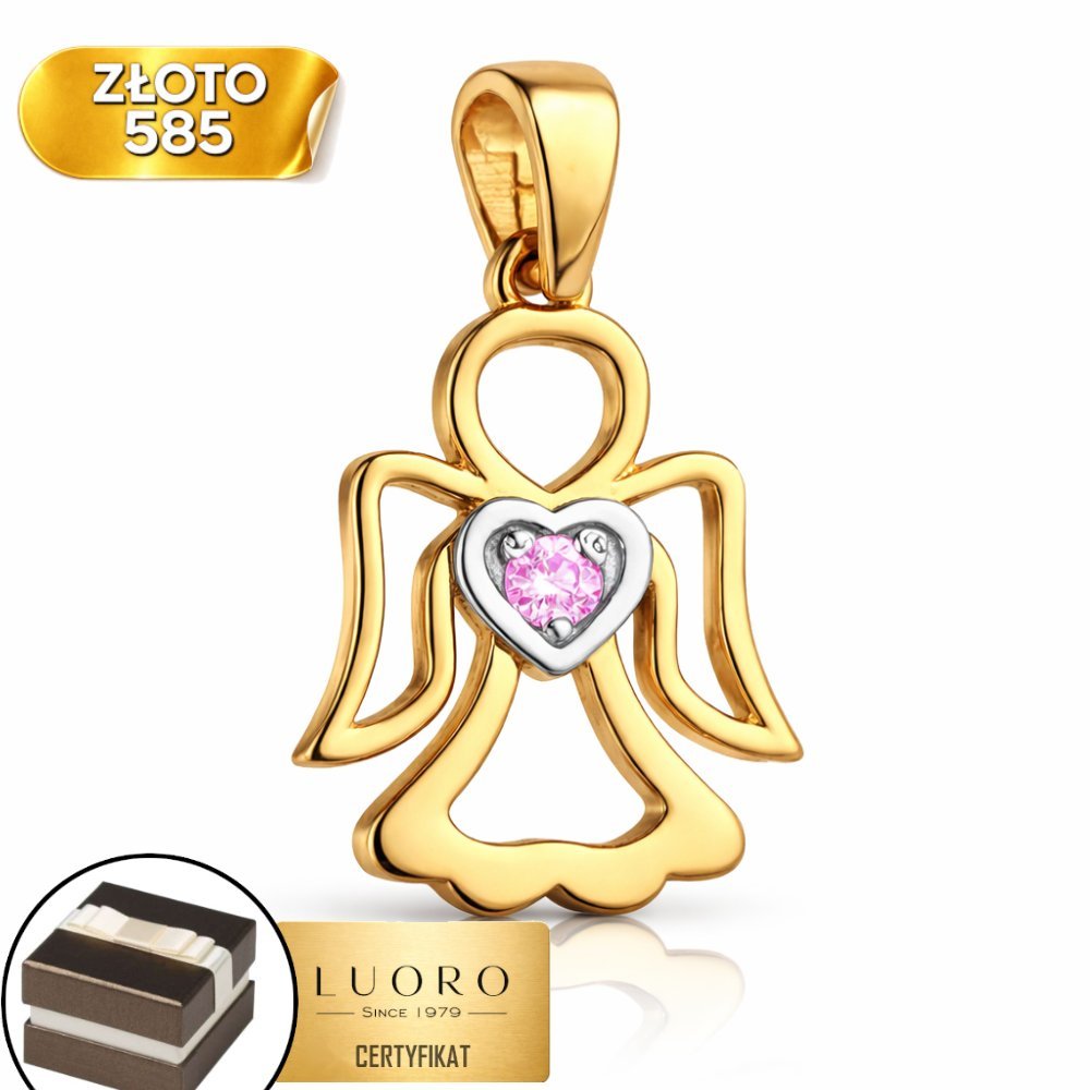 ZAWIESZKA ZŁOTA 585 14K ANIOŁEK Z RÓŻOWĄ CYRKONIĄ DELIKATNA 1,6 CM