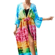 Bluzki damskie - Pareo kolorowe długa narzutka plażowa tunika z paskiem - miniaturka - grafika 1