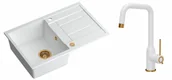 Zlewozmywaki z baterią - Quadron Zlewozmywak granitowy jednokomorowy 78*50*22 cm z ociekaczem MORGAN 111 SNOW WHITE z miedzianym odpływem z baterią NATALIE Q LINE SNOW WHITE kolor biały mat/wykończenie miedź - miniaturka - grafika 1