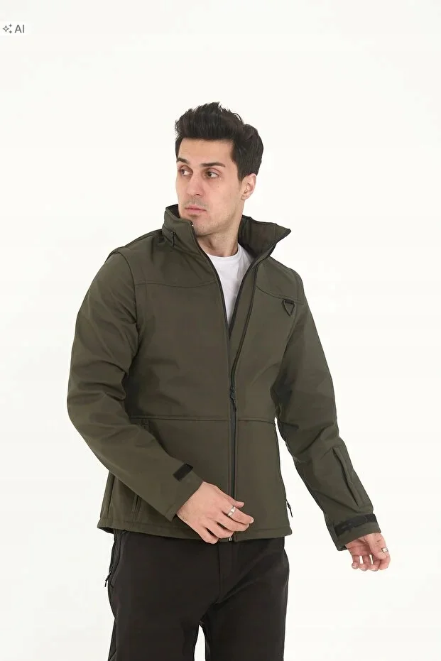 MĘSKA KURTKA SPORTOWA SOFTSHELL OLIWKOWA Z KIESZENIAMI M 5IA