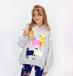 Bluzy dla dziewczynek - Bluza dziecięca z kapturem dziewczęca dresowa Kangurka Szara Koty 122 Endo - grafika 1