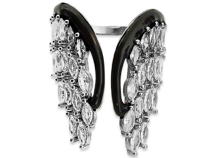 Srebrny Pierścionek Regulowany 925 Skrzydła Bogato Zdobiony Cyrkoniami Na Prezent Czarna Emalia