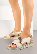 Sandały damskie - Beżowe Sandały na Koturnie z Geometryczną Cholewką Evimara - miniaturka - grafika 1